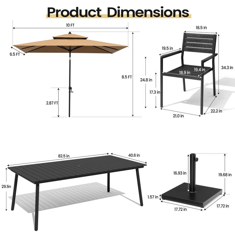 11PC Outdoor Patio Dining Set WoodLike Aluminum Umbrella Hole Table with Stackable Armchairs,Double Top Market Umbrella and Base