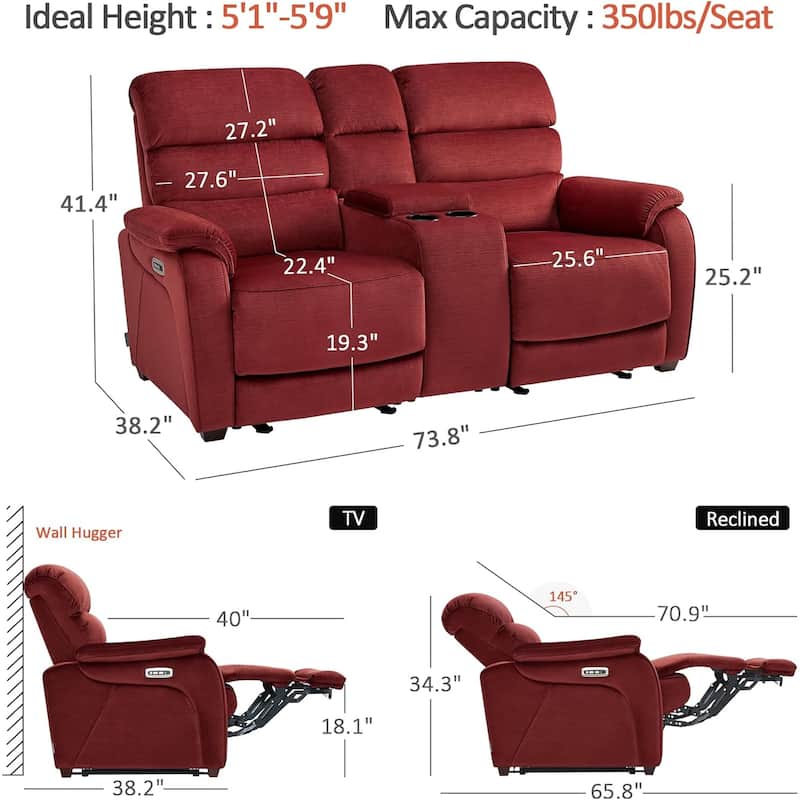 MCombo 61.6'' Wall Hugger Power Loveseat Recliner Sofa with Adjustable Headrest and USB A & C Charge Ports