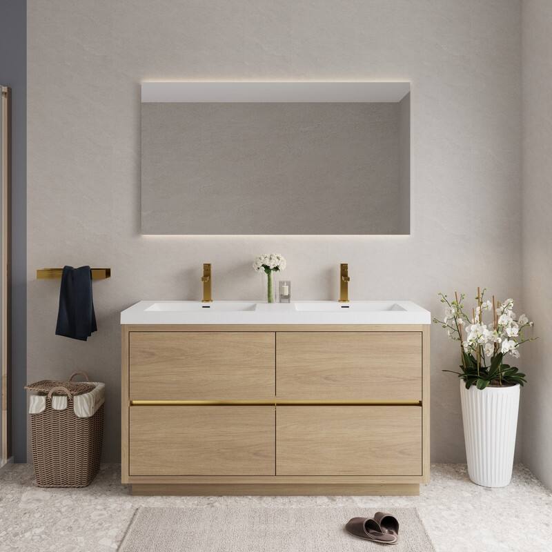 Abruzzo 60" Freestanding Vanity with Solid Surface Countertop Dual Sinks 4 Soft-Close Drawers - Natural Oak