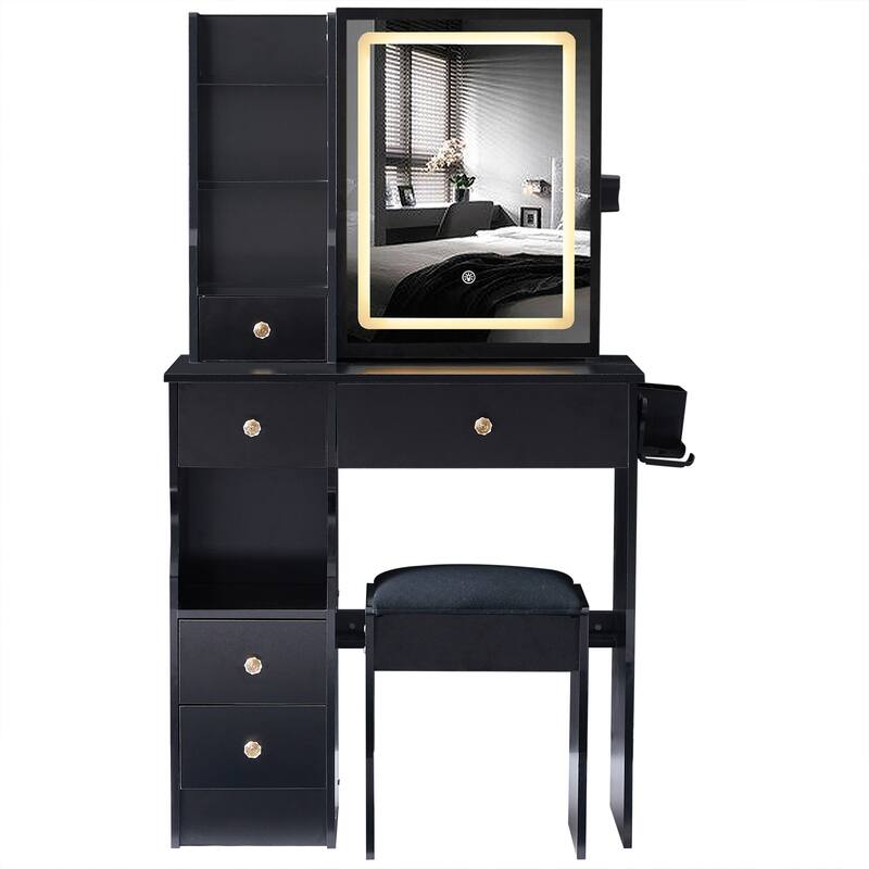 29.2" Small Size Left Drawer Desktop Vanity Table + Cushioned Stool, 2 AC+2 USB Power Station, Hair dryer bracket