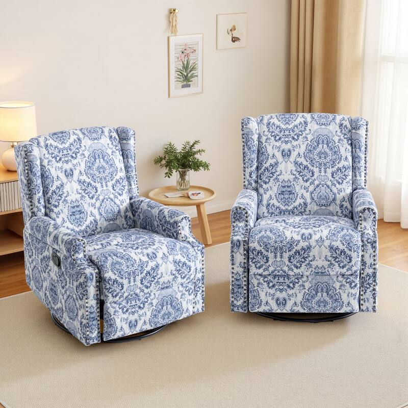 Floral Linen Manual Recliner Chair with Footrest set of 2