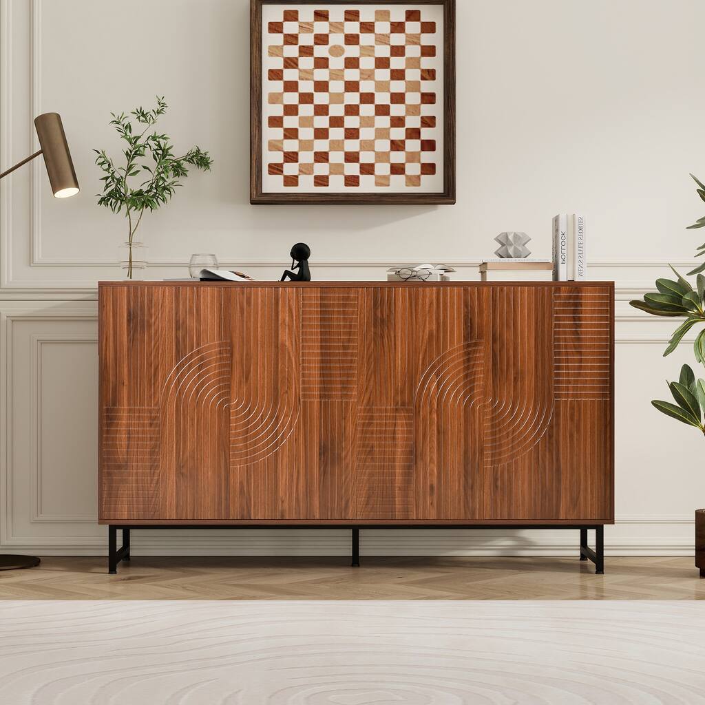 Mid-Century Modern Sideboard Buffet Cabinet, 59-Inch Geometric Carved Storage Cabinet with Metal Legs, Multi-Purpose Credenza
