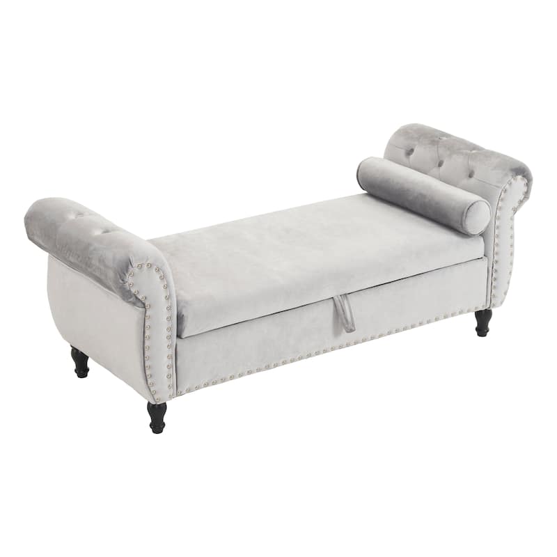 Rectangular Grey Velvet Storage Ottoman Bench with Pillow for Bedroom Living Room - Gray - Large