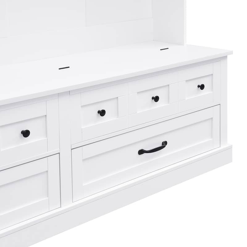 Roomfitters Elegant Wide Hall Tree with Lift-Top Bench, Wooden Mudroom Organizer with 5 Coat Hooks and 2 Storage Sections