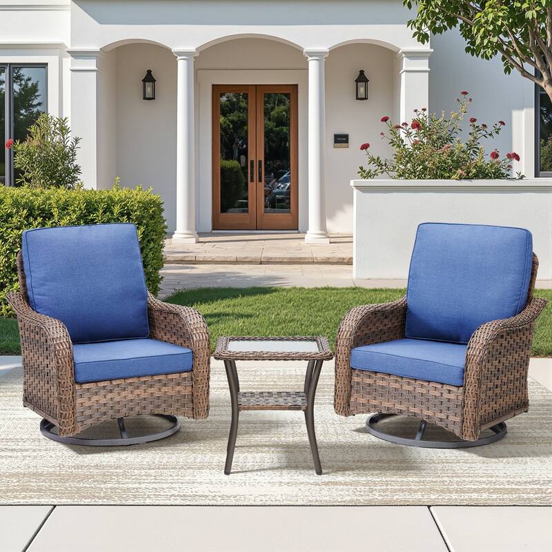 Pocassy Outdoor Patio Furniture Set PE Wicker Sofa Set - Blue Cushion - Brown Wicker - 3 Piece Swivel Chair with Side Table