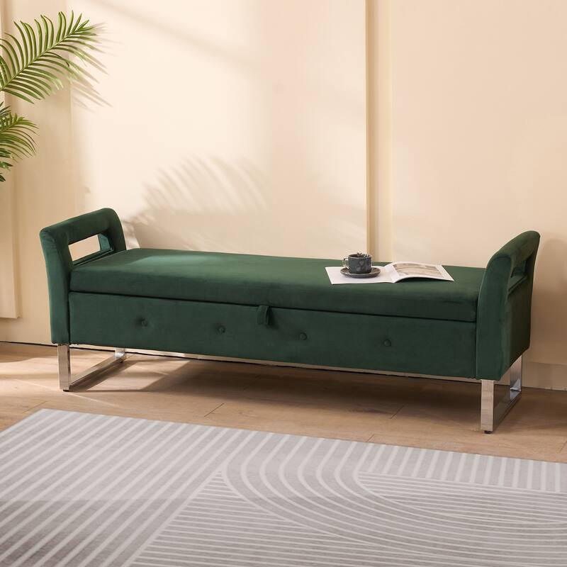 Roomfitters Velvet Storage Bench, Upholstered Entryway and Bedroom Bench with Armrests and Metal Legs - Green