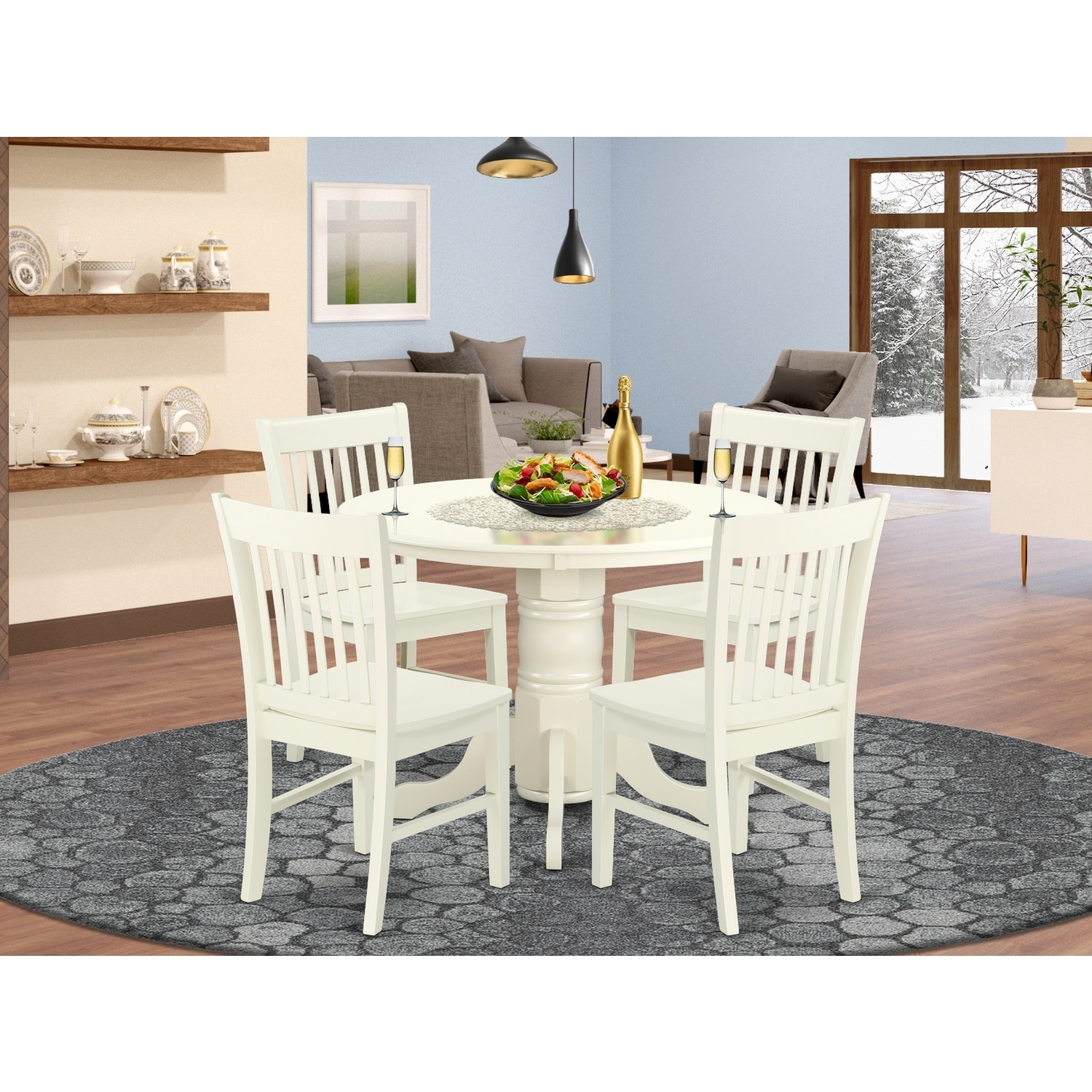 HomeStock 5-Piece Round Linen White Finish Solid Wood Top Dining table with 4 Chairs