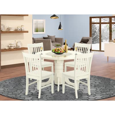 HomeStock 5-Piece Round Linen White Finish Solid Wood Top Dining table with 4 Chairs with Lattice Back