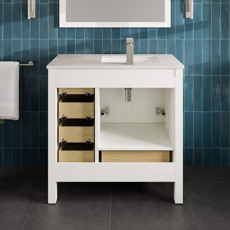 Eviva London 36"W SS Bath Vanity with White Carrara Quartz Top
