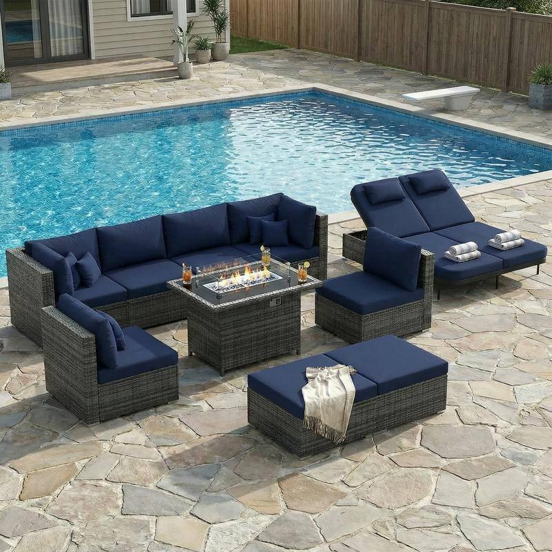 Outdoor Sectional Conversation Set PE Wicker with Double Chaise Lounge, 60,000 BTU Fire Pit Table - 10-Piece/Ottoman - Navy