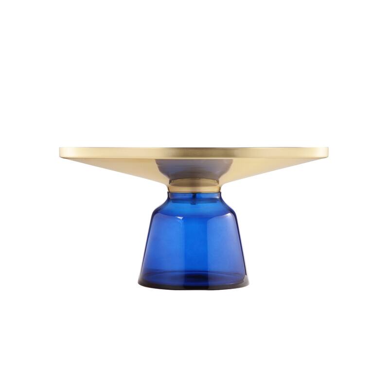 Len 30 Inch Coffee Table, Blue Blown Glass Bell Base, Funnel Top Gold Steel