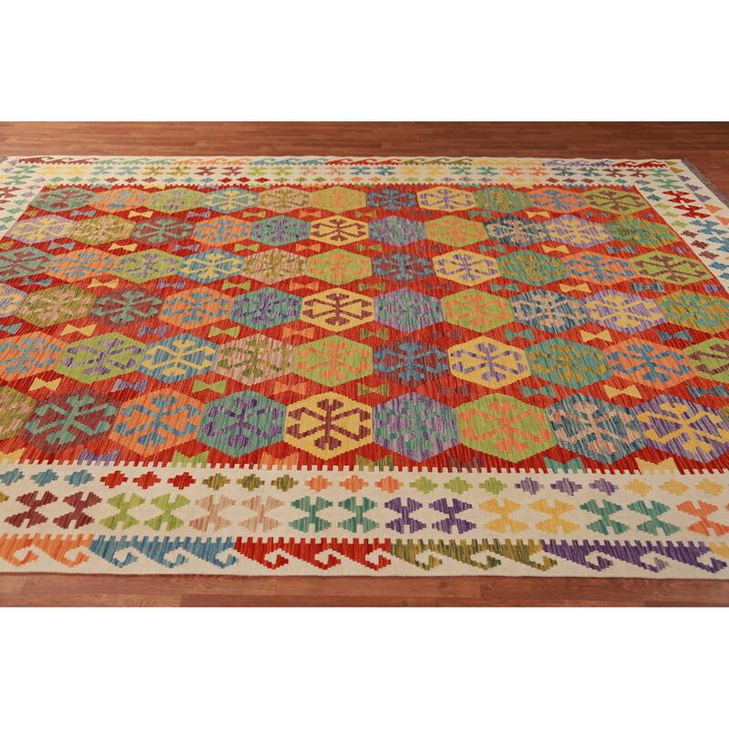Colorful Kilim Oriental Area Rug Hand-Woven Wool Carpet - 8'7"x 11'1"