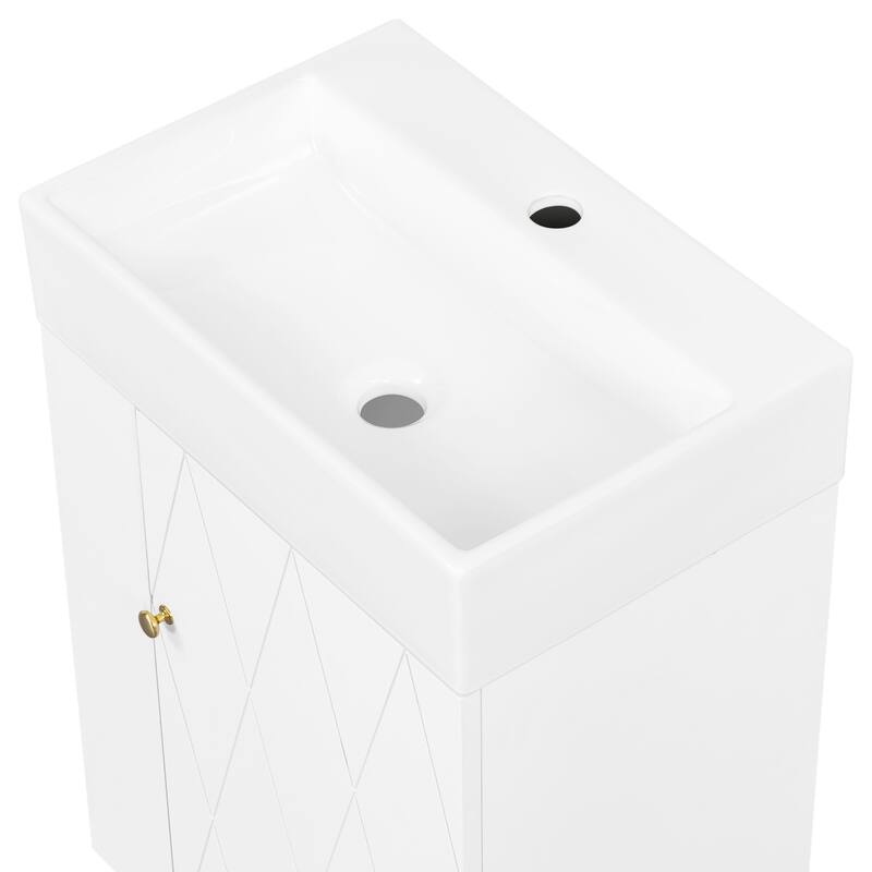 Wall-mounted Small Bathroom Vanity with Ceramic Sink, Floating Ceramic Sink Cabinet with Side Storage Shelves, 20 Inch