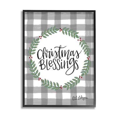 Stupell Christmas Blessings Calligraphy Tartan Holly Sprigs Border Framed Wall Art - Green