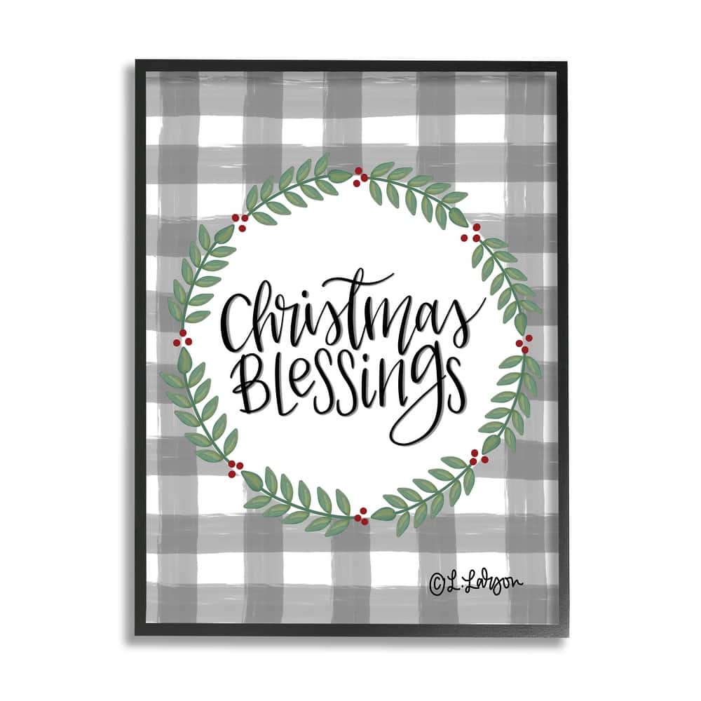 Stupell Christmas Blessings Calligraphy Tartan Holly Sprigs Border Framed Wall Art - Green
