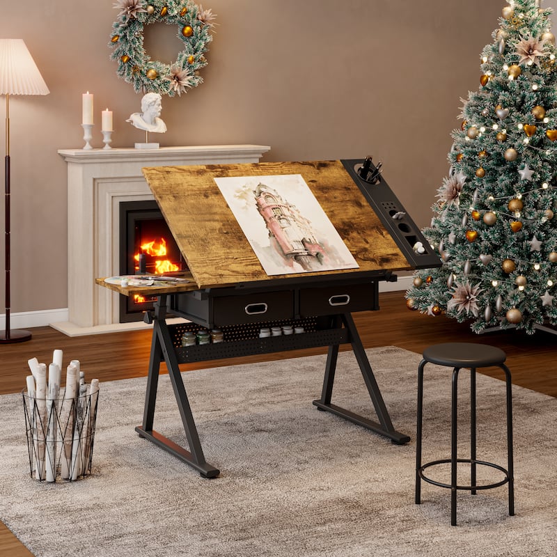 Adjustable drawing drafting table desk with 2 drawers for home office and school with stool