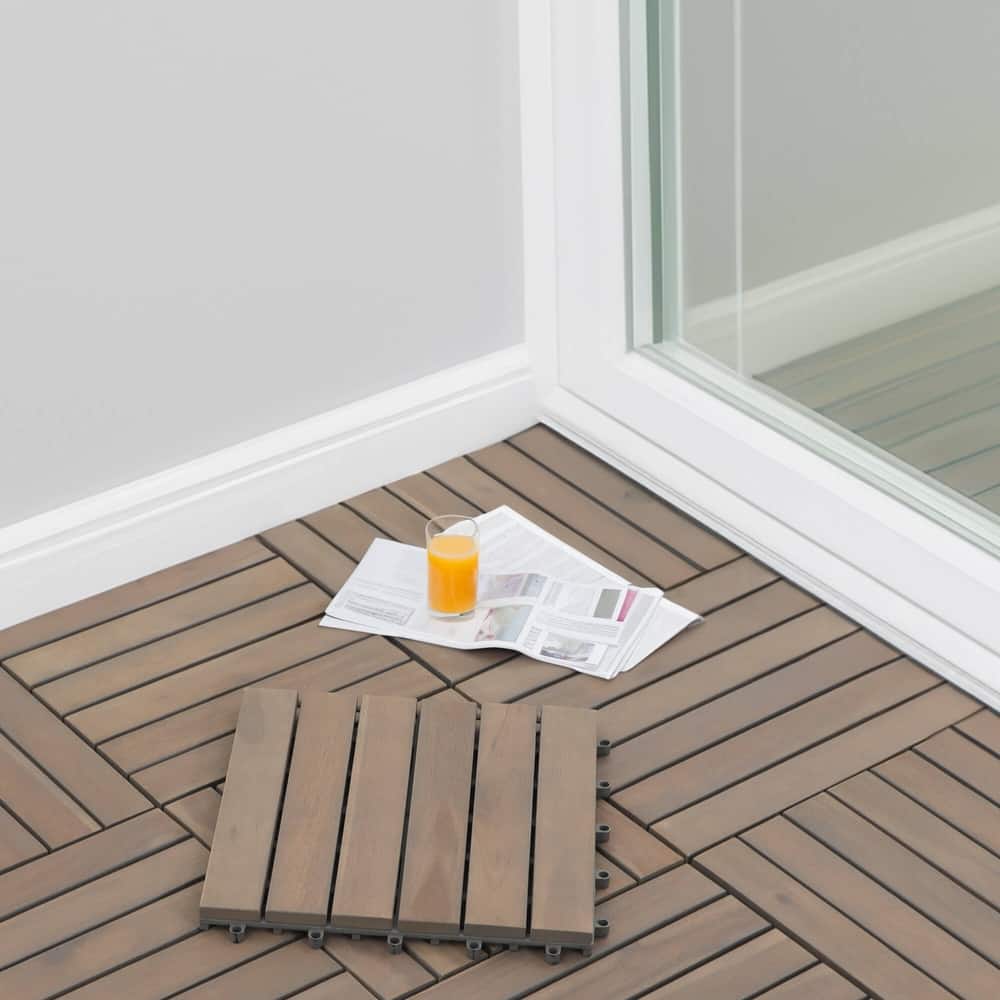 10 Pcs Patio 12"x 12" Acacia Wood 6-slat Deck Tiles