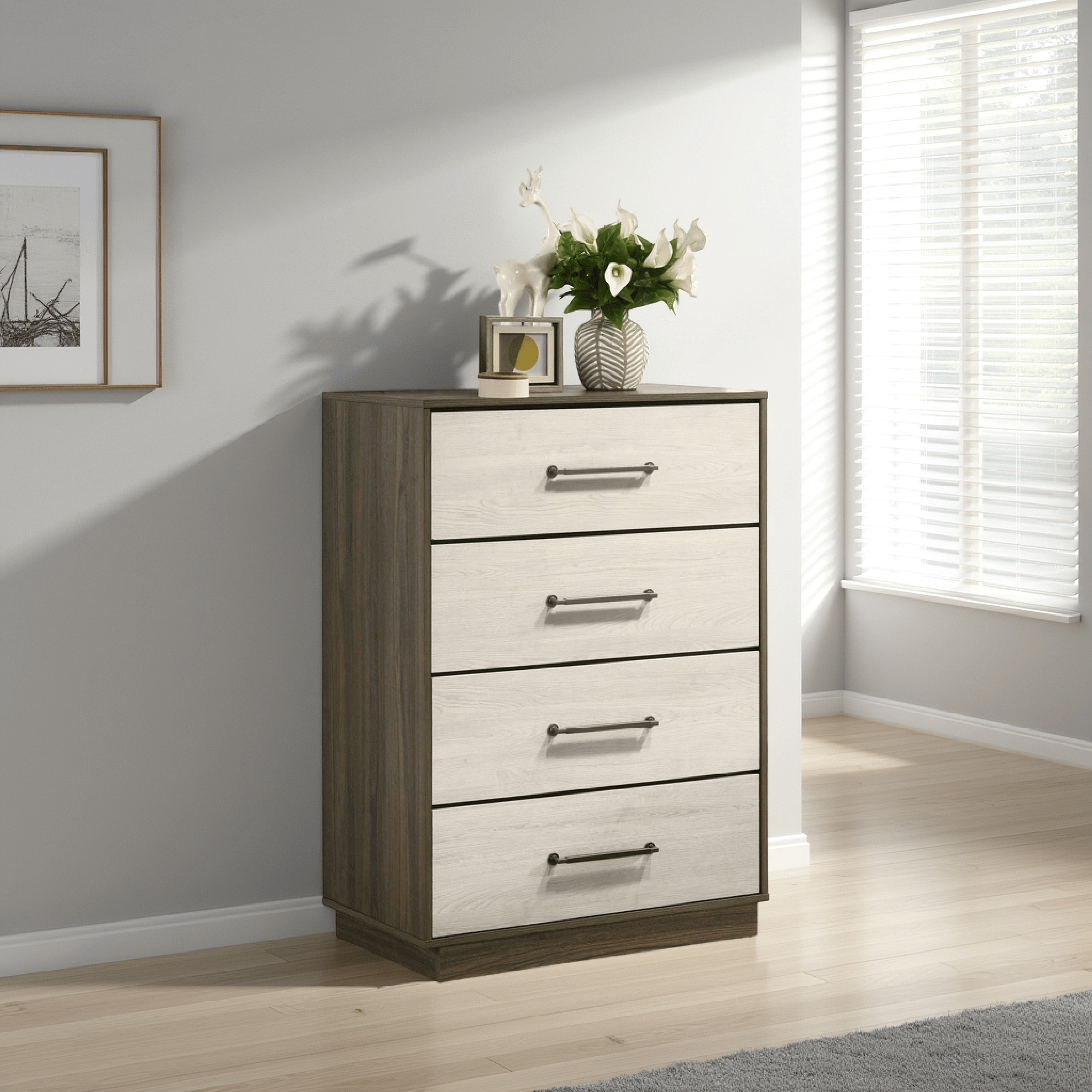 Fene Tall Dresser Chest, 4 Storage Drawers, Nickel Bar Handles, Gray