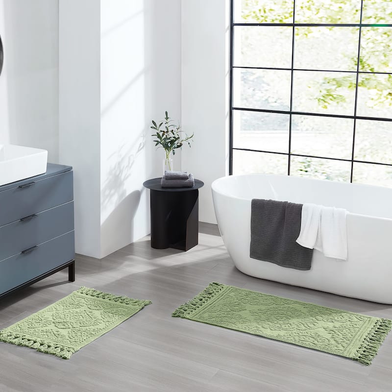 Jean Pierre Ricardo Cotton Fringe 2-Piece Bath Rug Set - 17" x 31"/21" x 41" - Sage Green