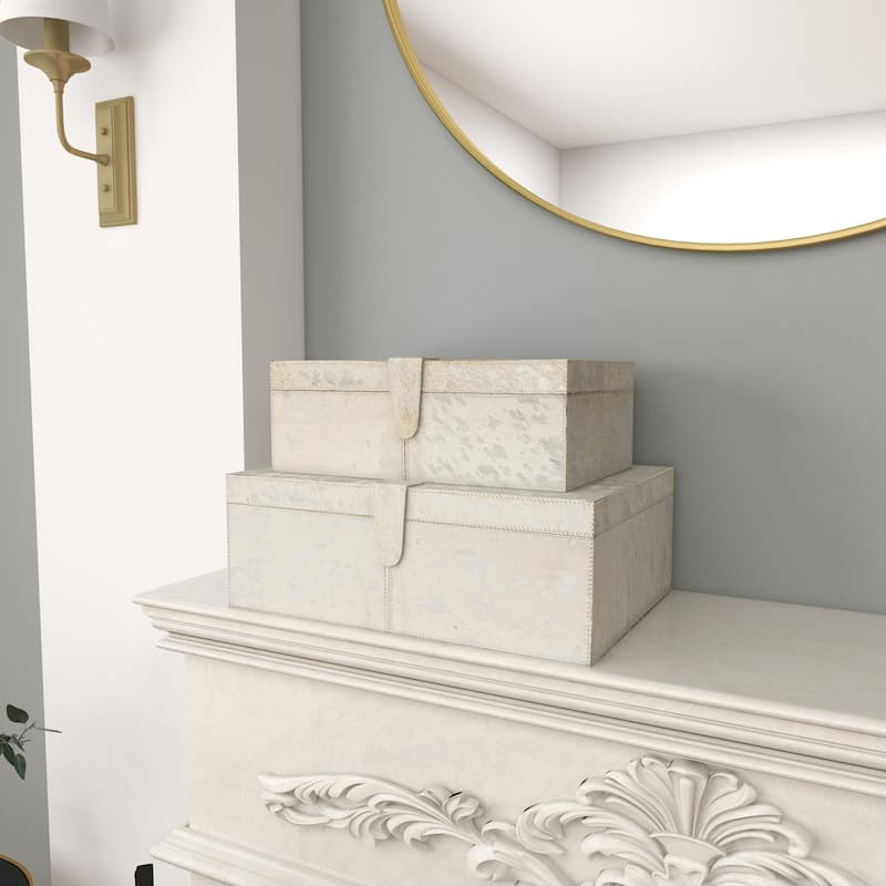 Gray, Silver or Gold Leather Handmade Cowhide Storage Box with Silver Foil Accents (Set of 2)