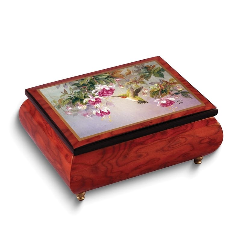 Curata Artist Lena Liu - Handcrafted Gloss Finish Hummingbird Fuchsia (Plays Waltz of The Flowers) Wooden Music Box Velvet