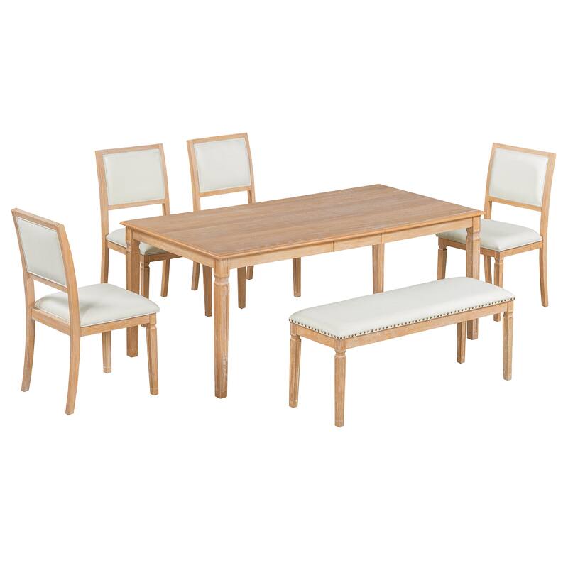 6 Piece Dining Table Set Extension from 59 to 72-Inches, Wood Kitchen Dining Table Set with 4 Upholstered Chairs & Bench