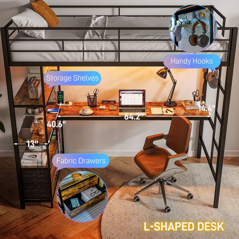 Twin Loft Bed with L Shaped Desk and RGB LED Lights, Steel Frame Bed with Guardrails USB AC Outlets