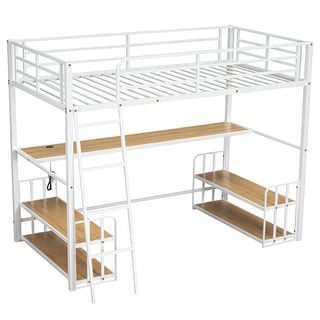 Space-saving Design Twin Size Metal Loft Bed,Full-Length Guardrail,Desk and Shelf