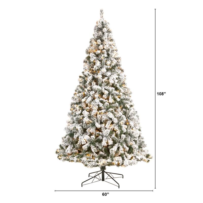 9ft. Flocked Fir Artificial Christmas Tree with 650 Clear LED Lights and 1320 Branches - Snowy Holiday X-Mas Showpiece