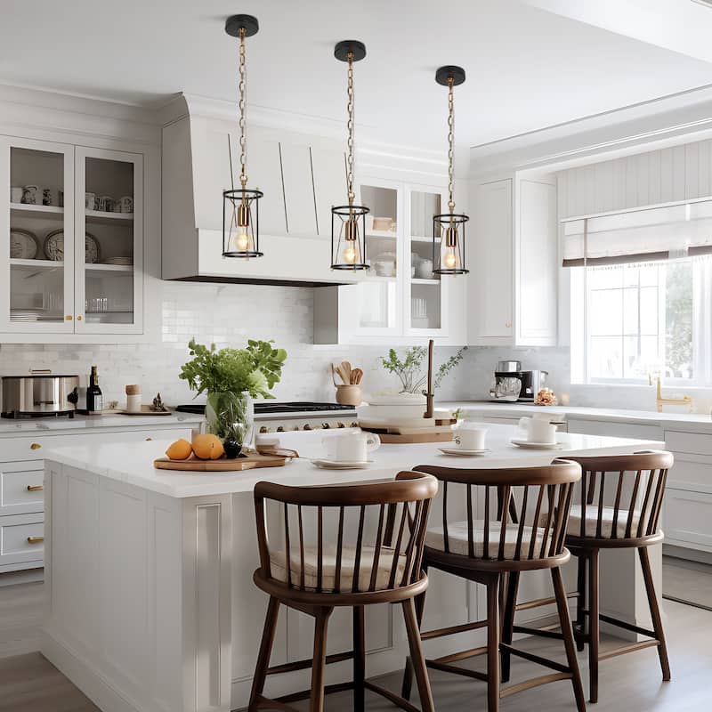 Modern Farmhouse 1-Light Black Gold Cylinder Cage Kitchen Island Pendant Lights for Dining Room