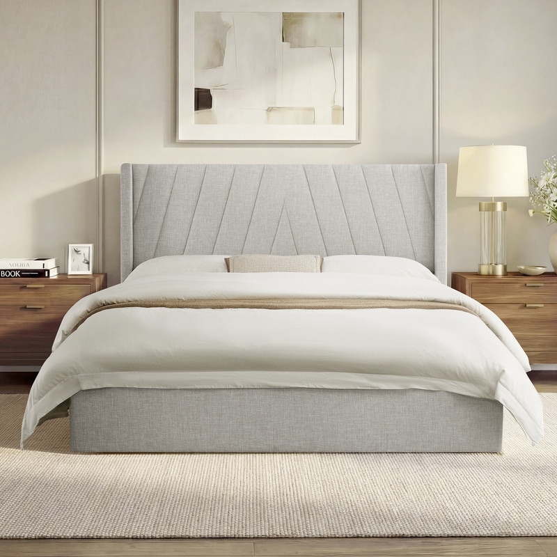 Modern Wingback Upholstered Storage Bed with Hydraulic Lift Platform