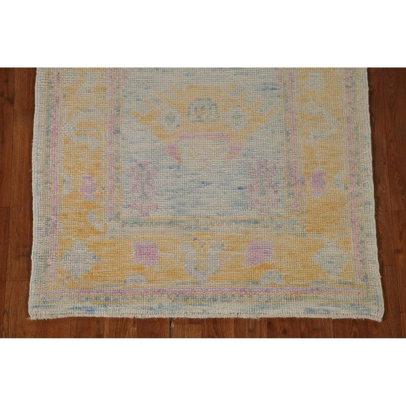 Blue Oushak Turkish Runner Rug Handmade Vegetable Dye Wool Carpet - 3'0"x 14'1"