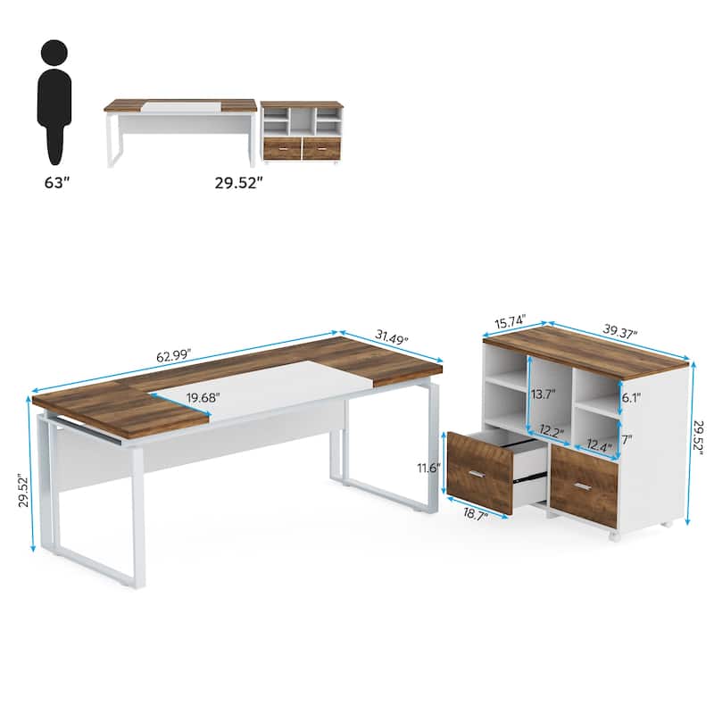 63" L-Shaped Computer Desk Executive Desks with Reversible File Cabinet and Storage Drawers for Home Office