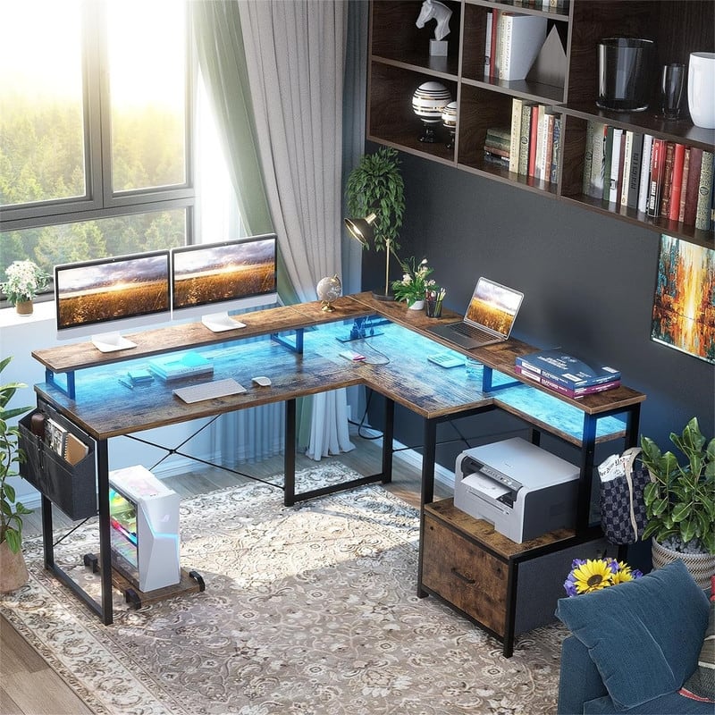 L Shaped Desk with Power Outlet and LED Strip