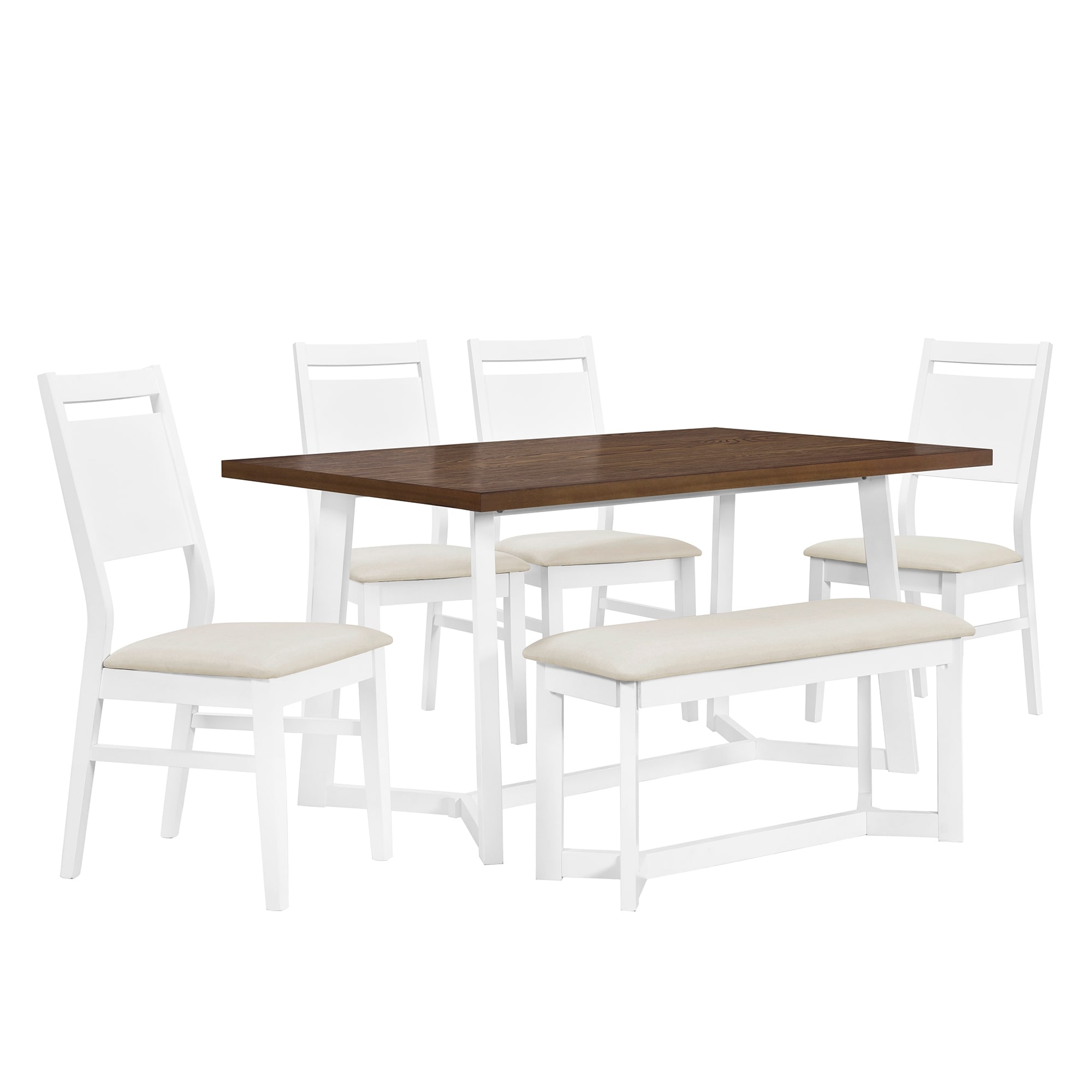 Farmhouse 6-Piece Wood Dining Table Set With 4 Upholstered Chairs And ...