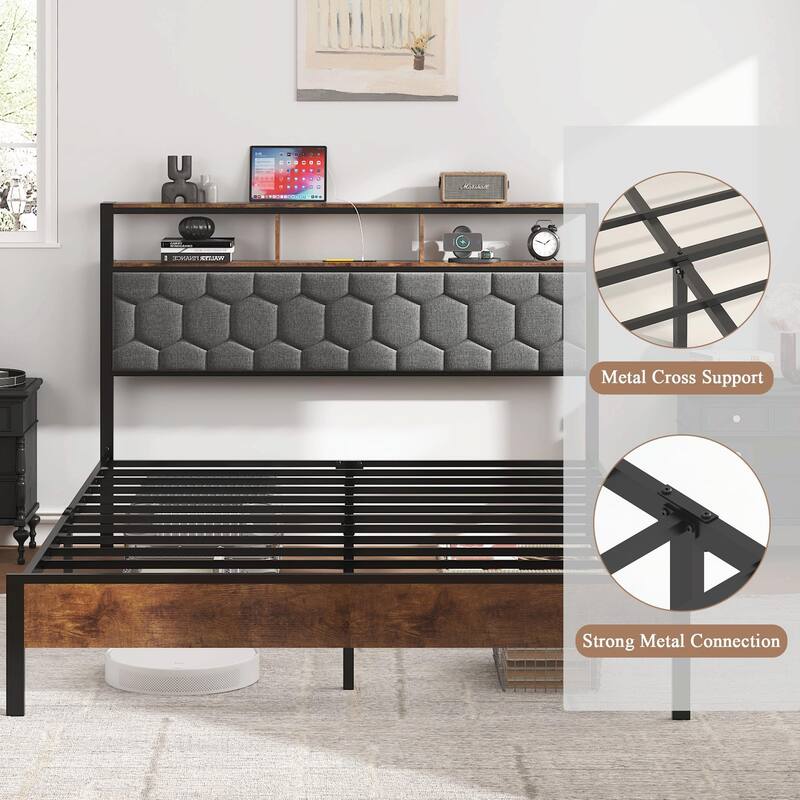 Vintage Shelf Headboard Bed - Built-in USB Ports
