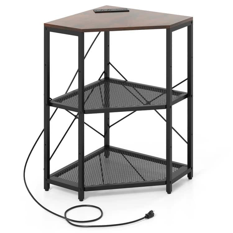 Metal and Engineered Wood Corner Printer Table with Power Strip and Adjustable Shelves - 20" L x 20" W x 31" H - Brown