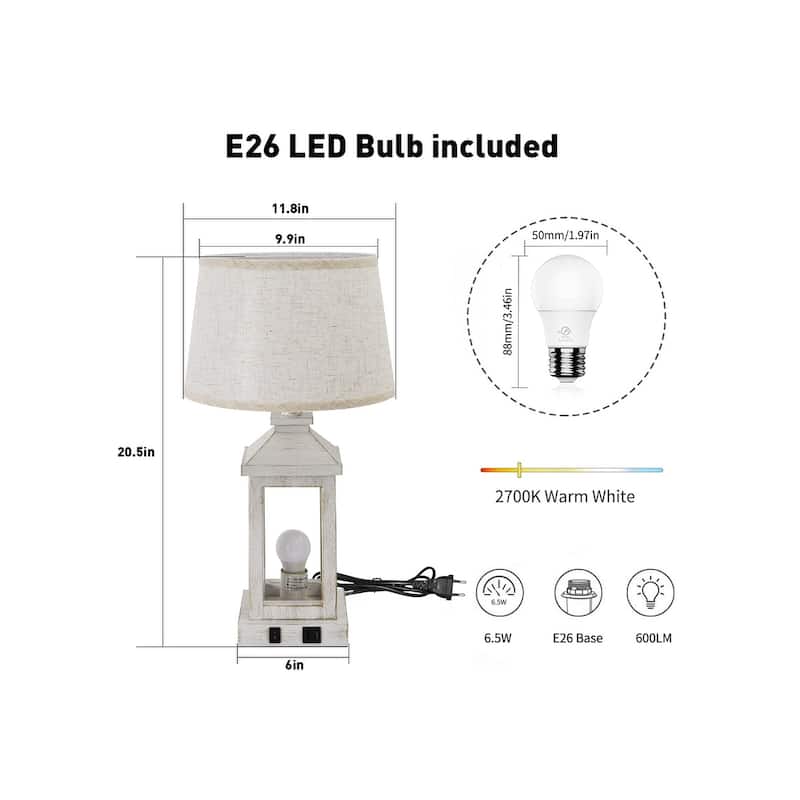 20.5" Set of 2 Vintage Table Lamps for Living Room, Farmhouse Industrial Nightstand Lamp with USB C+A (Including Light Bulbs)