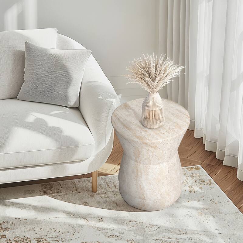 Hourglass Travertine Stone Finish Italian Design MgO Side Accent Table - 14.4"x14.4"x17.7"