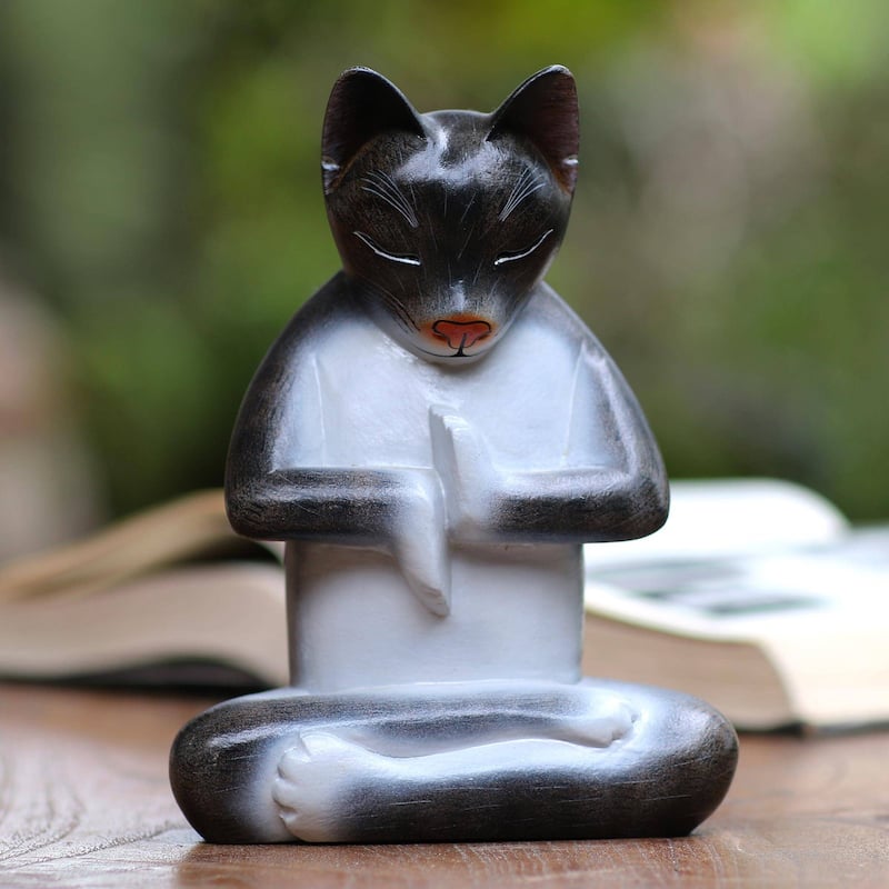 Novica Handmade Full Lotus Cat In Grey Wood Sculpture - 6.5" H x 4.9" W x 3" D
