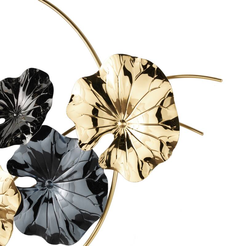 Gold Stainless Steel Metal Floral Home Wall Decor with Circular Frame and Black Accents