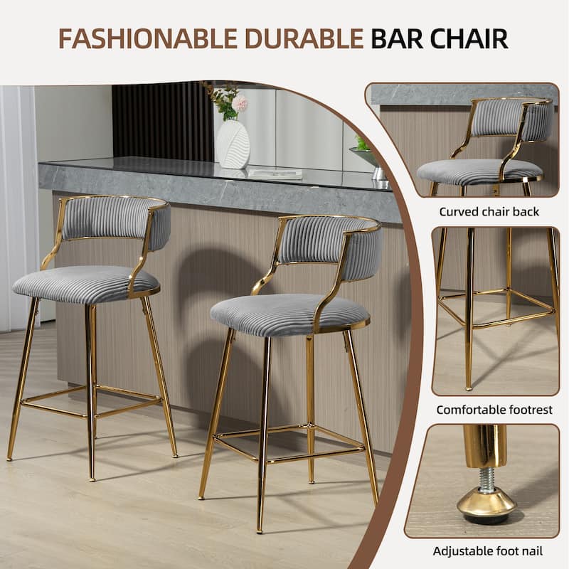 Corduroy Upholstered Bar Stools Set of 2 with Gold Metal Frame
