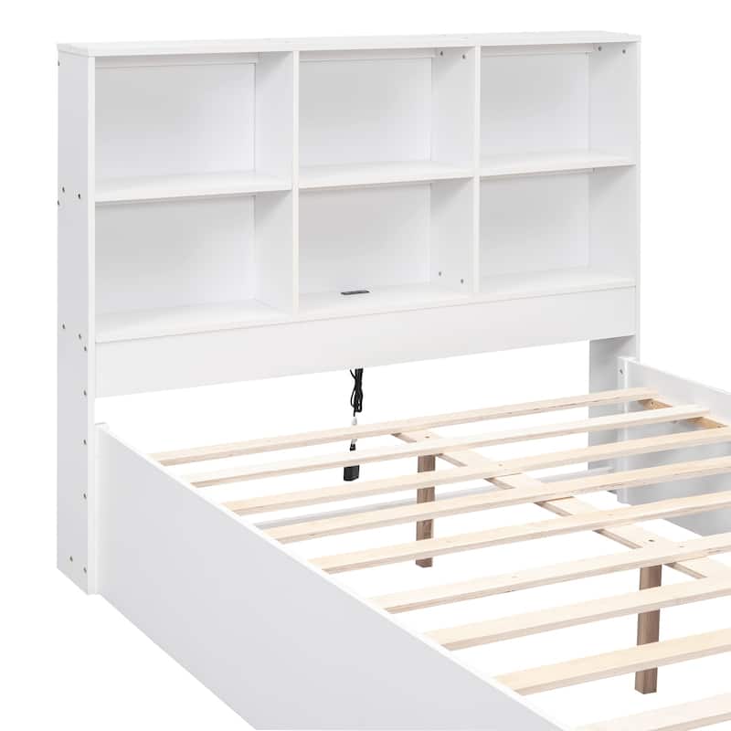 Roomfitters Full Platform Bed with Storage Headboard, USB Charging Station and Lift-Up Compartments, White