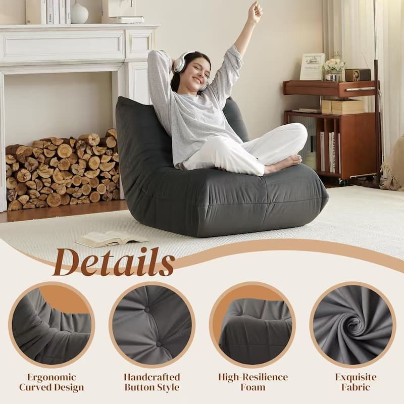 Corduroy Upholstered Oversized Ergonomic Curved Design Button-Tufted Comfy Bean Bag Lazy Sofa for Living Room