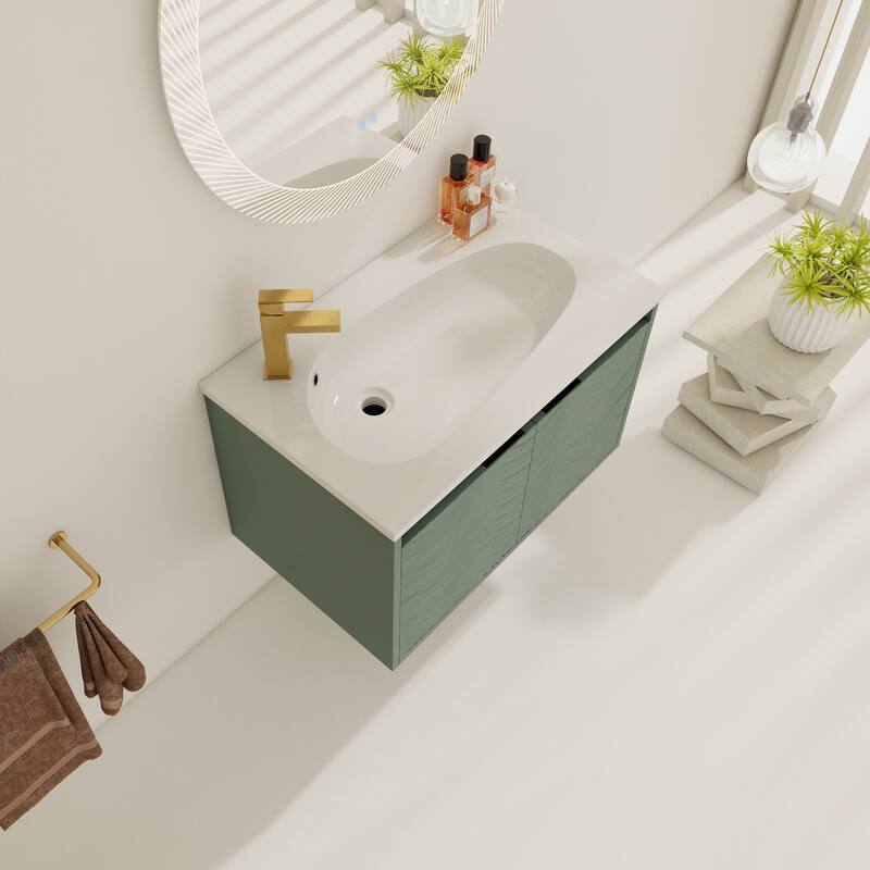 White Double-Door Wall-Mounted Vanity with Drop-Shaped Resin Sink, Soft-Close Hinges, and Hidden Metal Handles