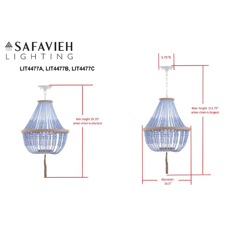 SAFAVIEH Lighting Kaori Adjustable 3-Light Blue Pendant Lamp - 16.5"x16.5"x29.75- 111.75" - 17Wx17Dx112H