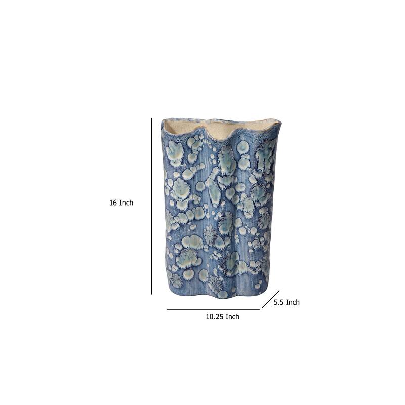 Gipo Decorative Flower Vase, Ruffled Body, 16 Inch Blue White Ceramic