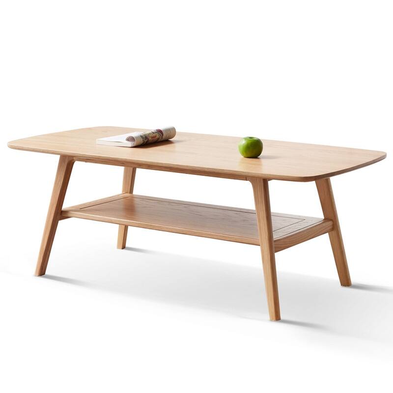 Grondin Nordic Natural Solid Wood 2-Tier Coffee Table with Shelf, Rectangle Accent Cocktail Table