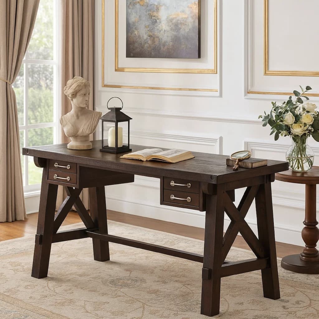 Wooden Desk with Sleek Drawer Storage and Crossed Side Bracing , Brown