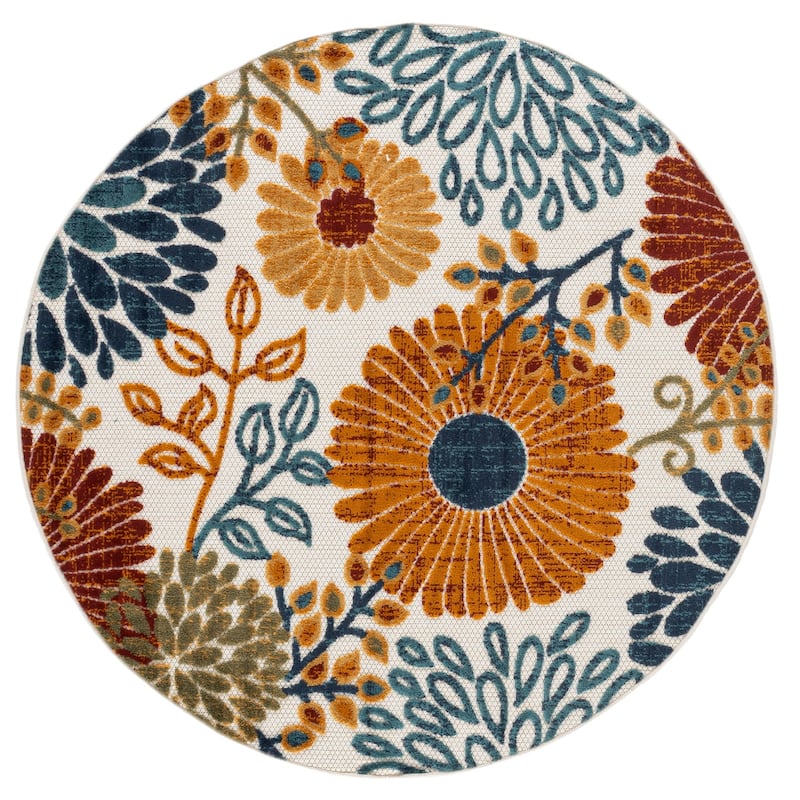 SAFAVIEH Cabana Hillechien Indoor/ Outdoor Waterproof Patio Floral Rug - 4' Round - Creme/Red